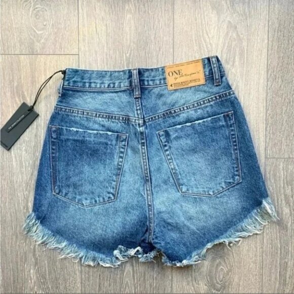 REVOLVE One Teaspoon High Waist Bonita Jean Shorts Blue Fringe Distressed Denim - Picture 7 of 15